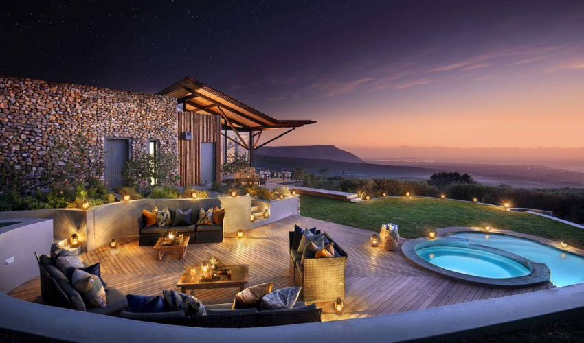 Pool area of Garden Lodge at night